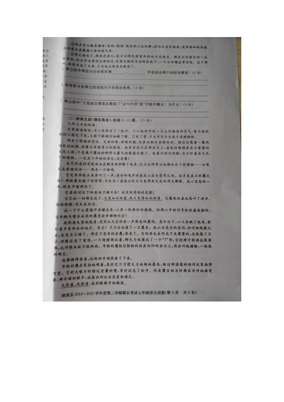 安徽省淮北市濉溪县七年级语文下学期期末考试试卷新人教版试卷_第3页
