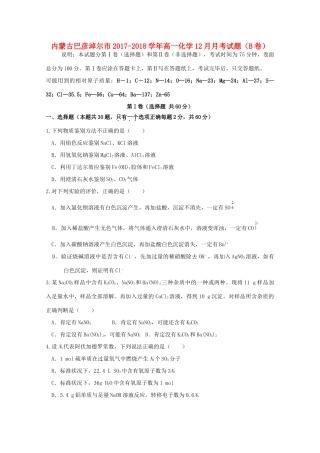 内蒙古巴彦淖尔市高一化学12月月考试题（B卷）-人教版高一全册化学试题
