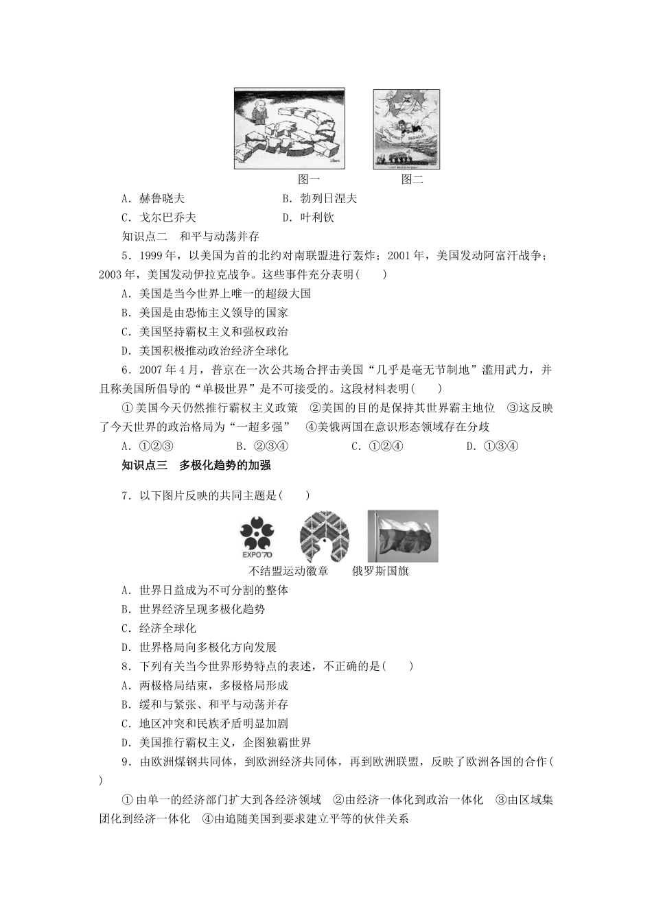 高中历史 第八单元 当今世界政治格局的多极化趋势 第27课 世纪之交的世界格局课时作业 新人教版必修1-新人教版高一必修1历史试题_第3页
