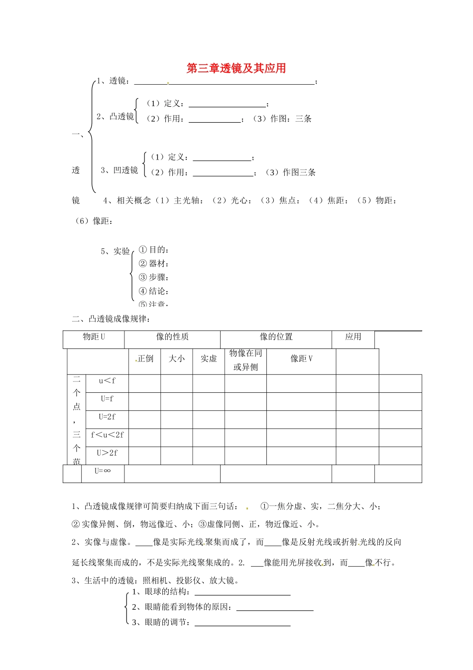 中考物理总复习 知识网络 第三章 透镜及其应用试卷_第1页