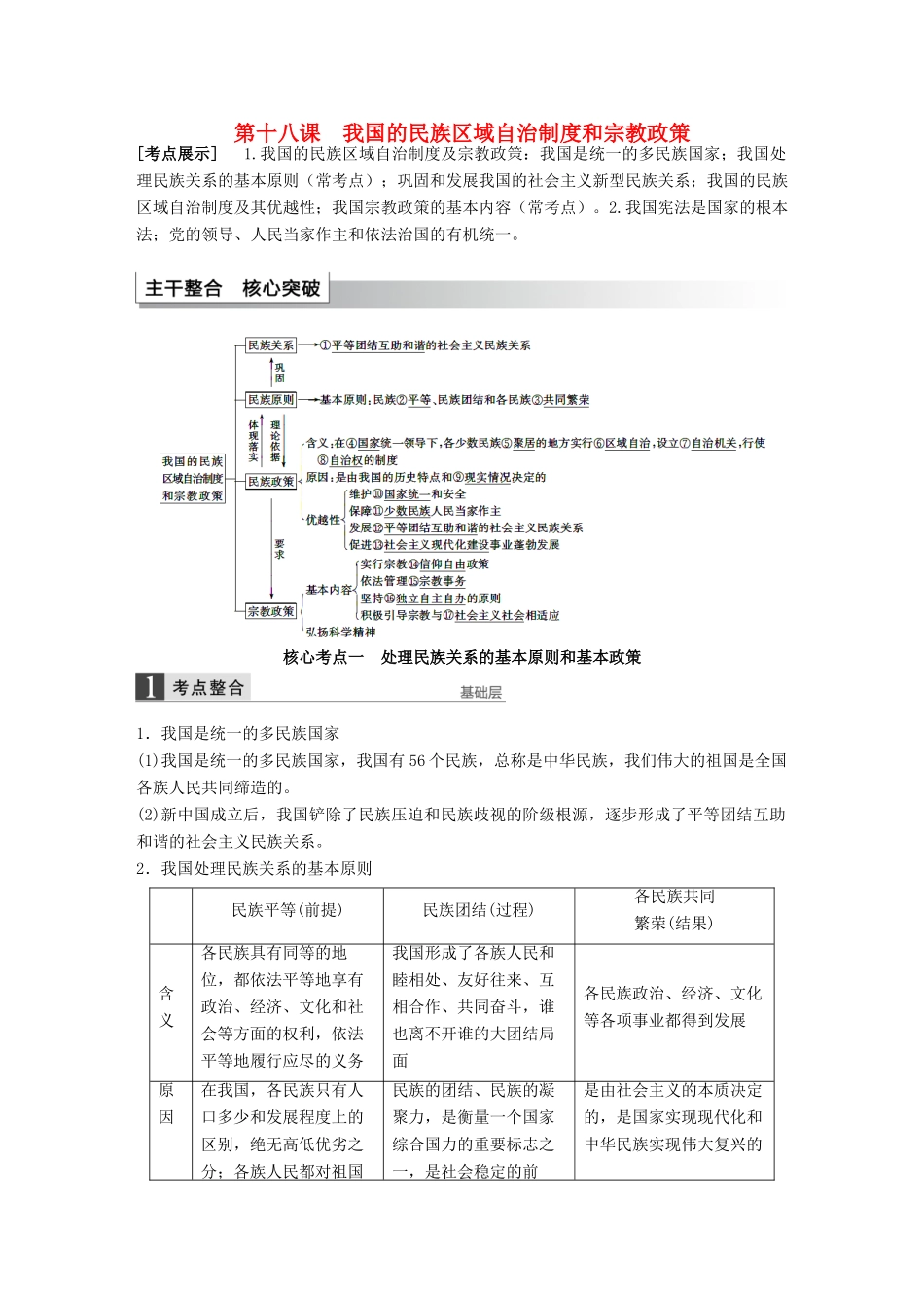 （江苏专用）高考政治大一轮复习 第七单元 第十八课 我国的民族区域自治制度及宗教政策考点整合 新人教版必修2-新人教版高三必修2政治试题_第1页