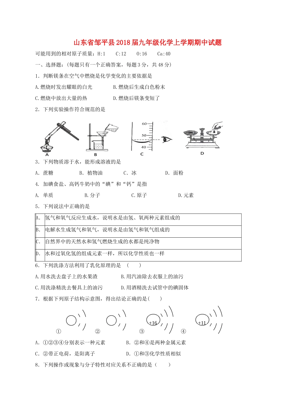 山东省邹平县九年级化学上学期期中试卷 沪教版试卷_第1页