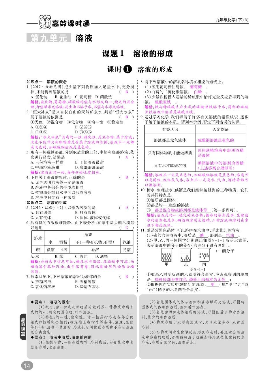 九年级化学下册 10分钟掌控课堂 第9单元 溶液 课题1 溶液的形成(pdf)(新版)新人教版试卷_第1页