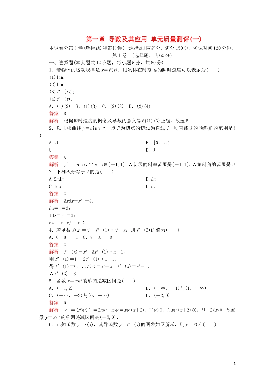 高中数学 第1章 导数及其应用 单元质量测评（一）新人教A版选修2-2-新人教A版高二选修2-2数学试题_第1页