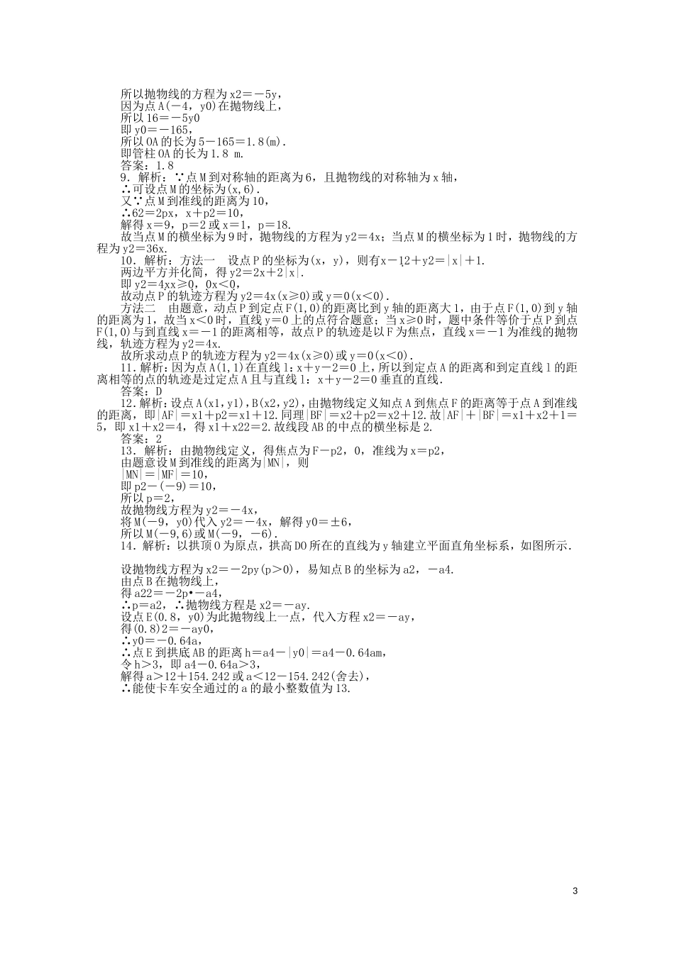 高中数学 第二章 圆锥曲线与方程 课时作业13 抛物线及其标准方程（含解析）新人教A版选修2-1-新人教A版高二选修2-1数学试题_第3页