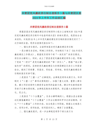 共青团党风廉政责任制自查报告3篇与共青团区委2024年上半年工作总结汇编