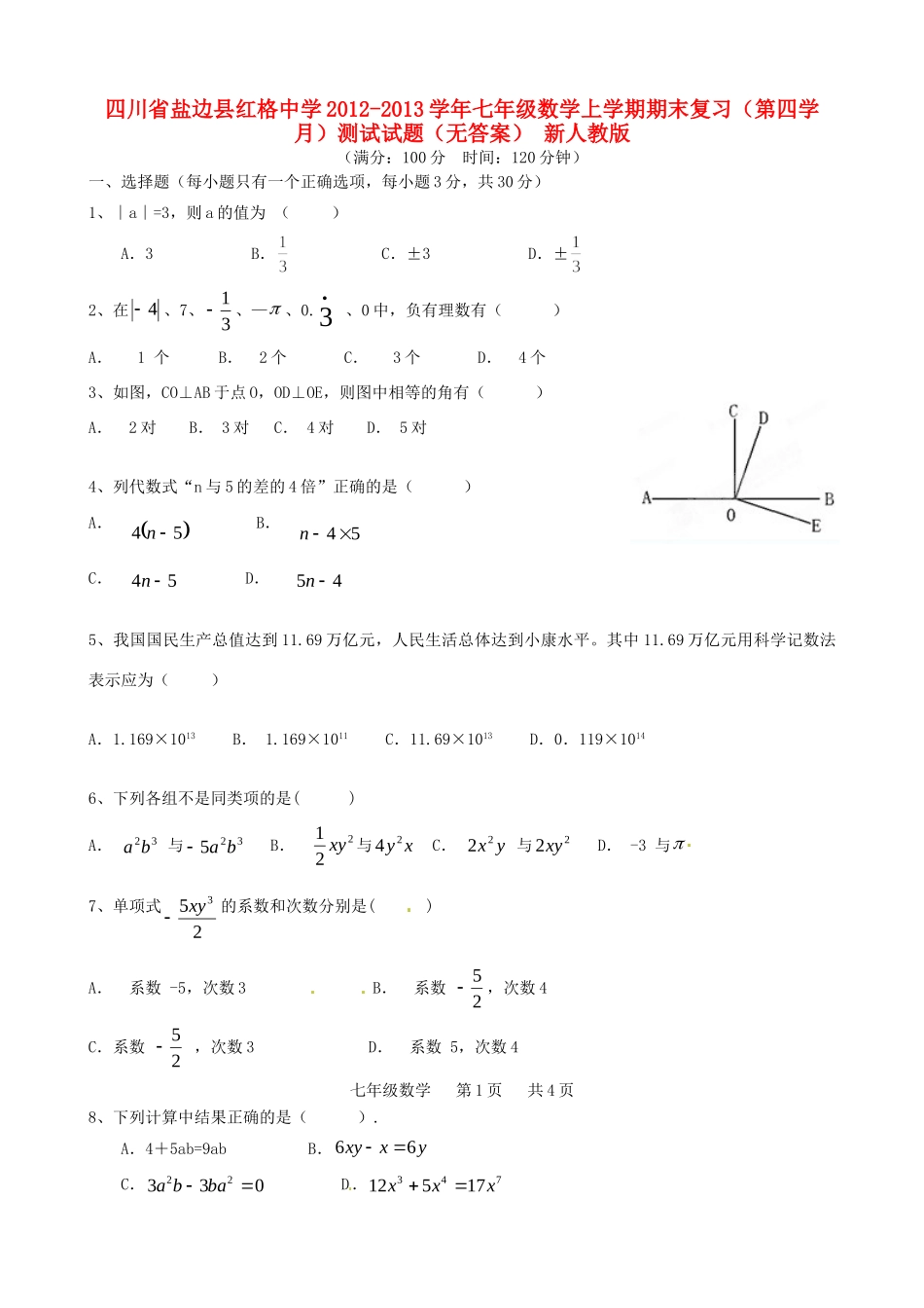 四川省盐边县七年级数学上学期期末复习(第四学月)测试试卷 新人教版试卷_第1页