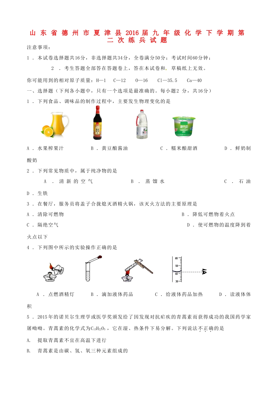 九年级化学下学期第二次练兵试卷_第1页