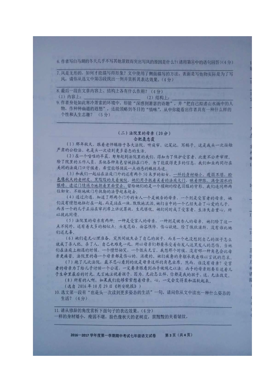 安徽省合肥市瑶海区七年级语文上学期期中试卷新人教版试卷_第3页