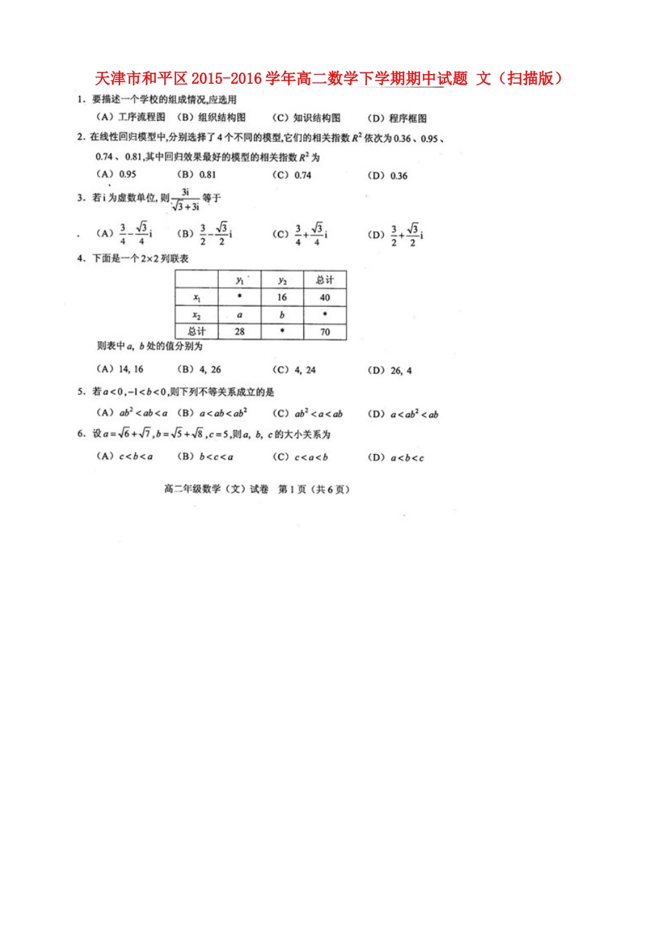 天津市和平区 高二数学下学期期中试卷 文试卷_第1页