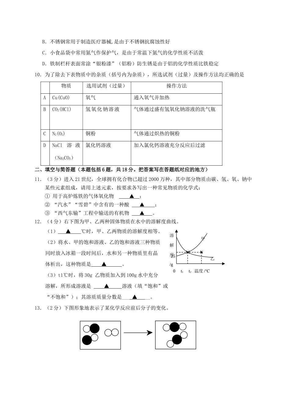 九年级化学6月中考模拟试卷试卷_第2页