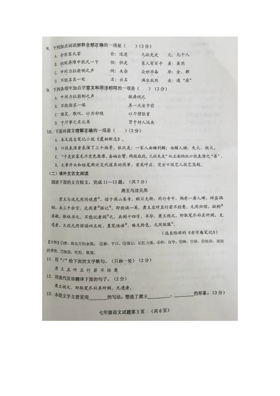 山东省济南市槐荫区七年级语文下学期期末调研测试试卷新人教版试卷_第3页
