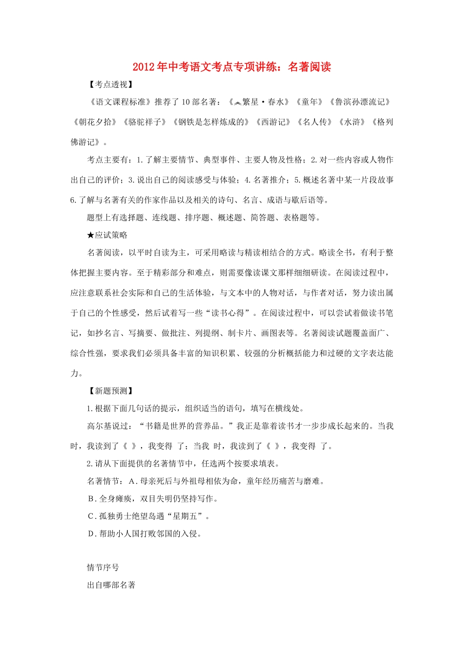 中考语文考点专项讲练 名著阅读试卷_第1页