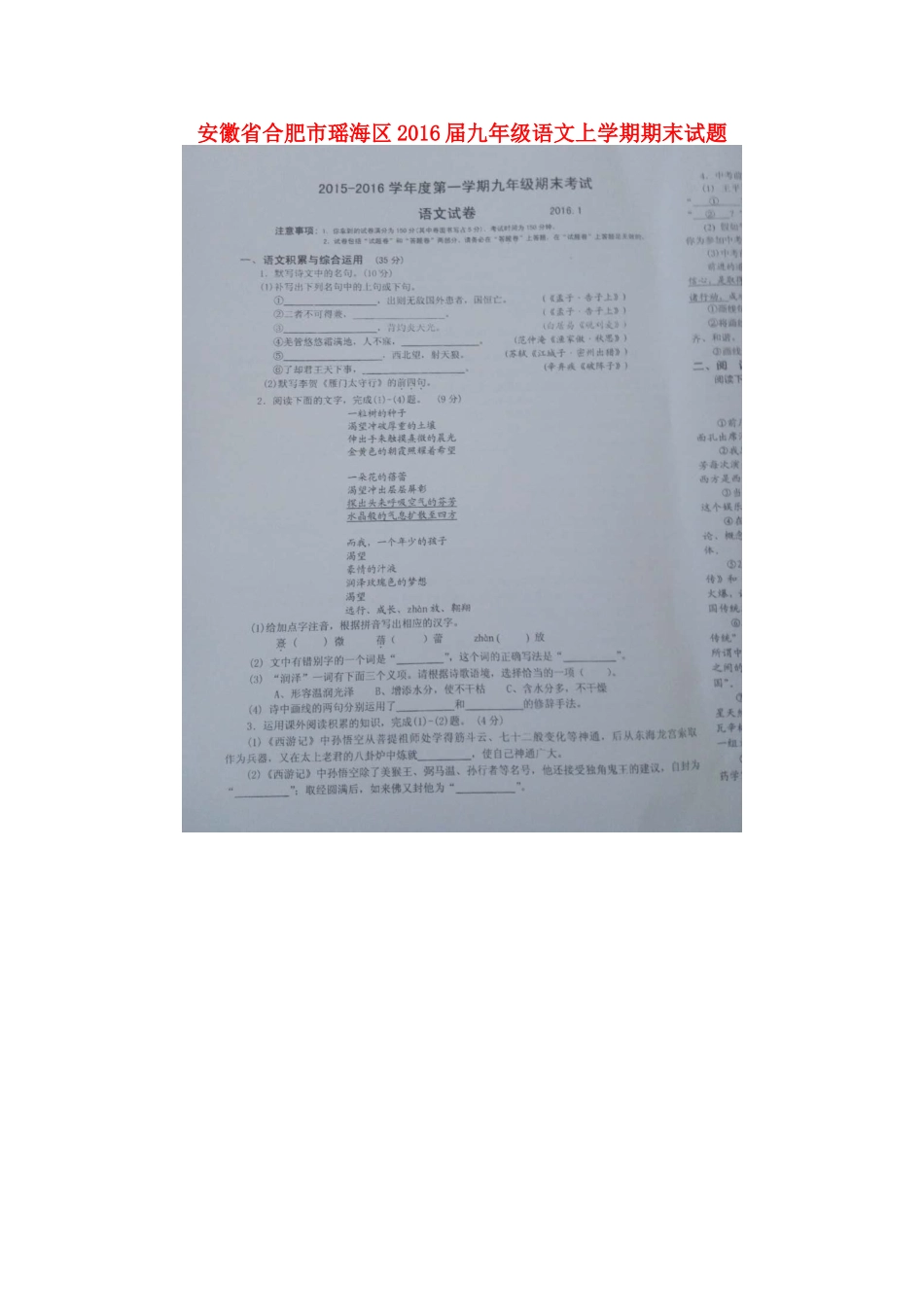 安徽省合肥市瑶海区九年级语文上学期期末试卷新人教版试卷_第1页