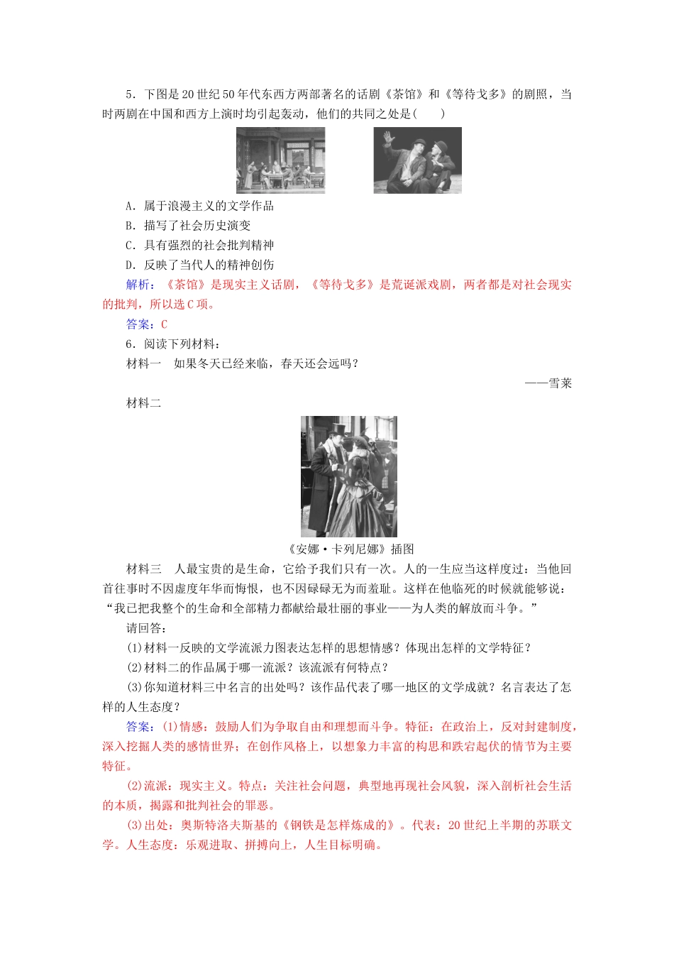 高中历史 第四单元 19世纪以来的世界文化 第17课 诗歌、小说与戏剧习题 岳麓版必修3-岳麓版高一必修3历史试题_第2页