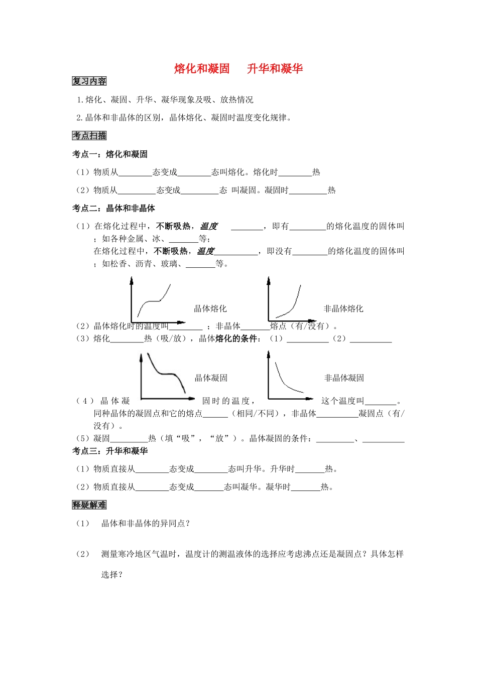 中考物理专题复习 熔化凝固 升华凝华教案(复习内容考点扫描释疑解难)试卷_第1页