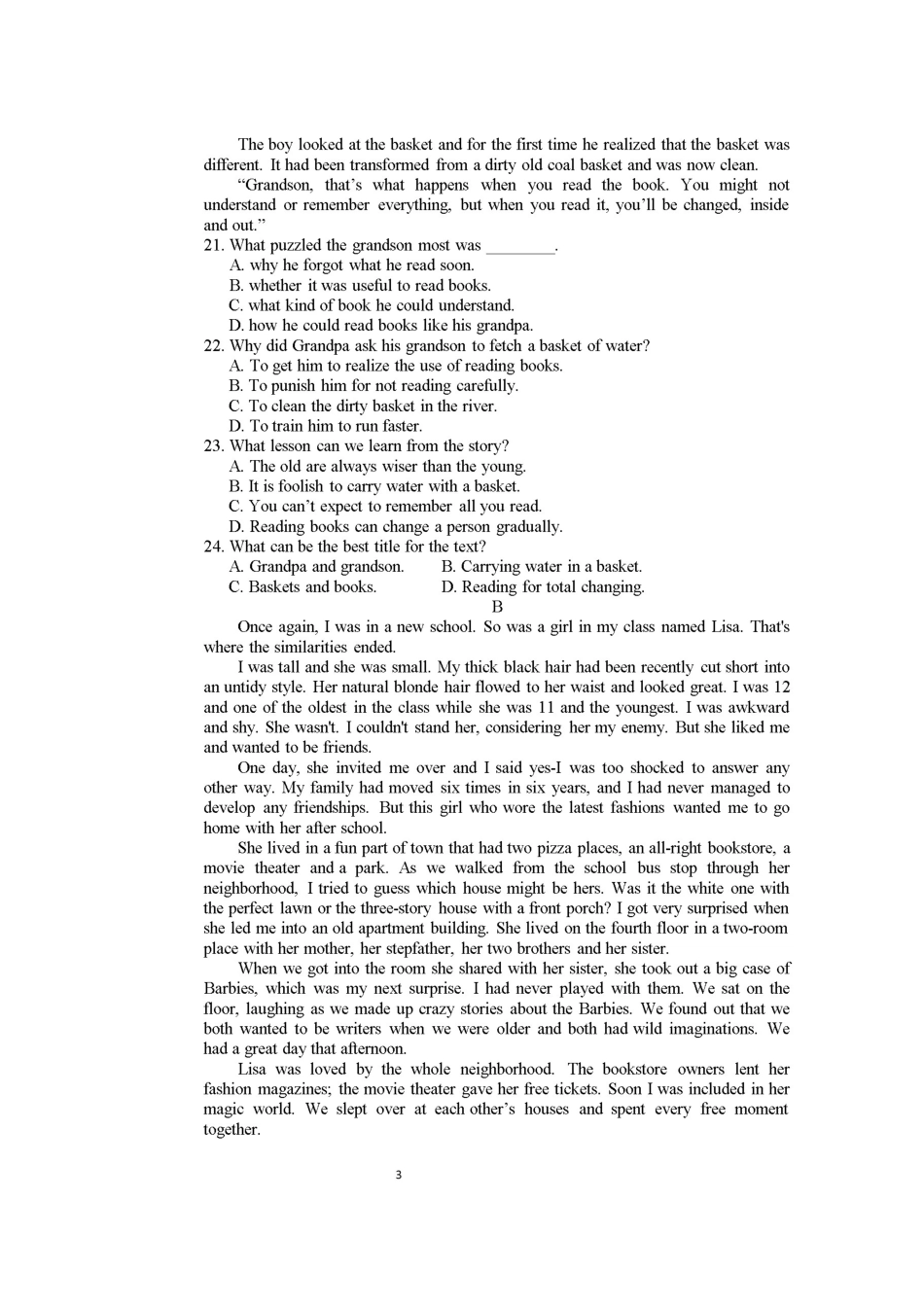 南校区高一英语上学期期中试卷_第3页