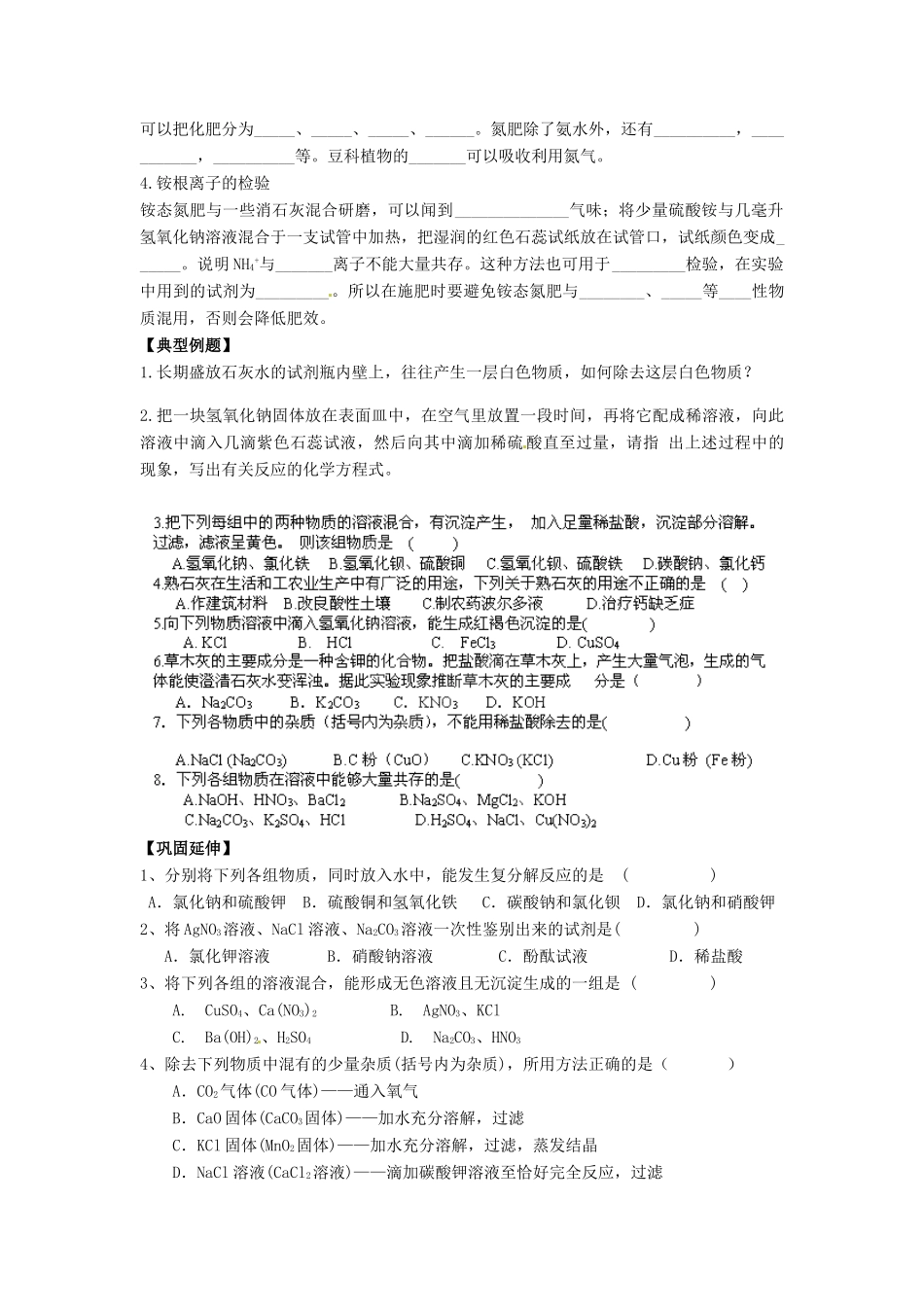 九年级化学下册 第7章 应用广泛的酸、碱、盐(第2课时)复习(新版)沪教版试卷_第2页