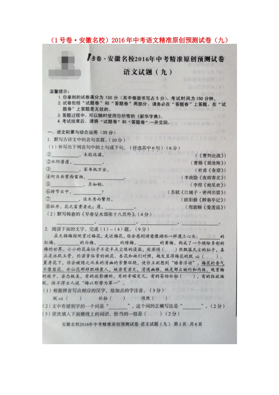 中考语文精准原创预测试卷(九)新人教版试卷_第1页