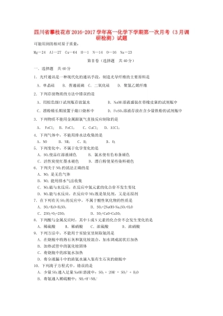 四川省攀枝花市高一化学下学期第一次月考（3月调研检测）试题-人教版高一全册化学试题