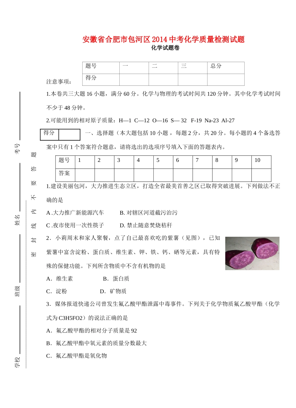 安徽省合肥市包河区中考化学质量检测试卷试卷_第1页