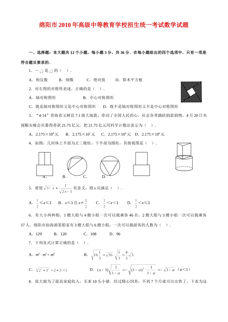 四川省绵阳市中考真题数学试卷_第1页