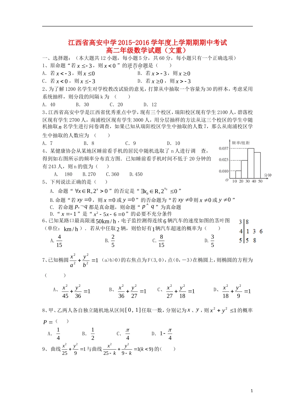 高二数学上学期期中试题 文（重点班）-人教版高二全册数学试题_第1页