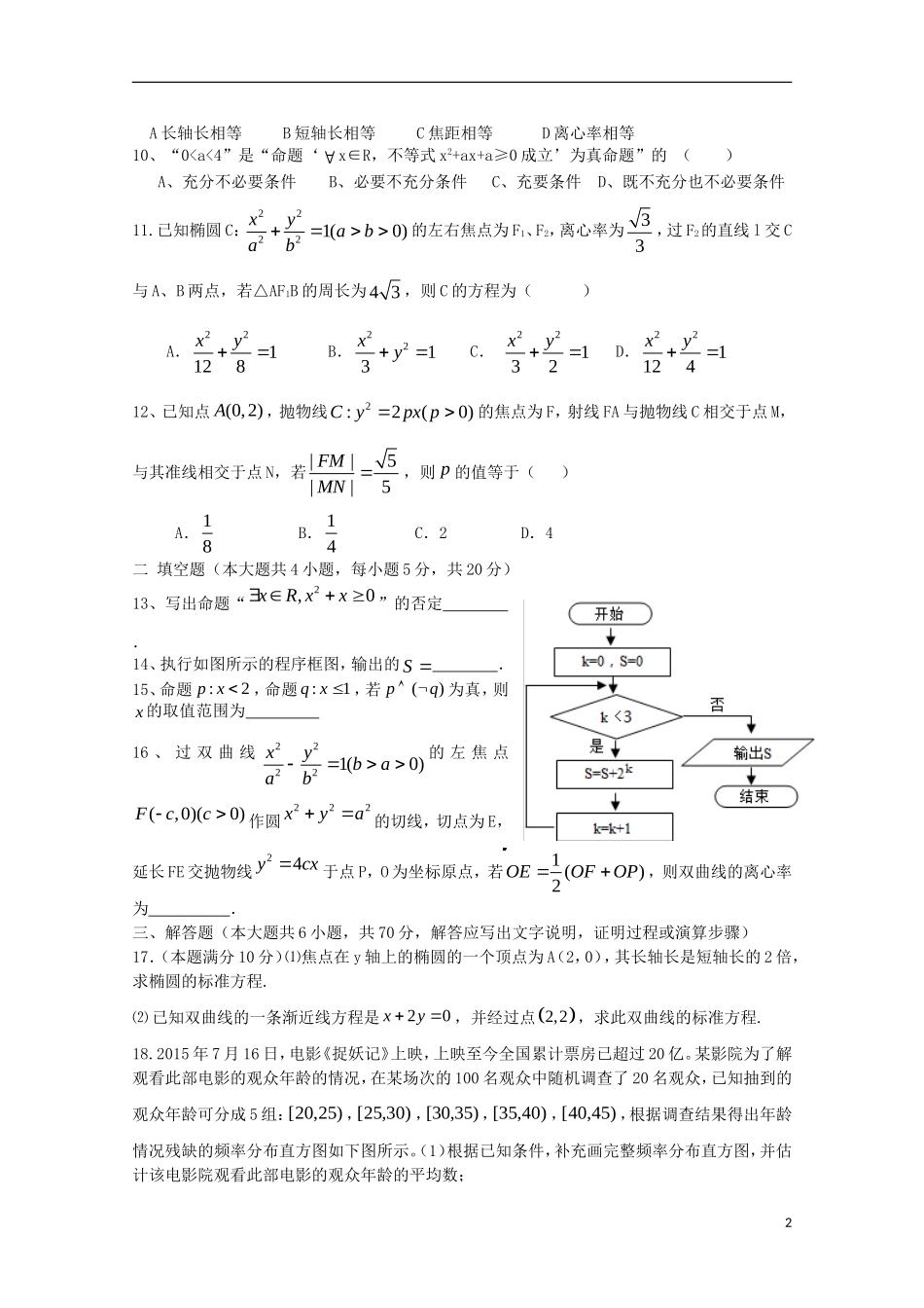 高二数学上学期期中试题 文（重点班）-人教版高二全册数学试题_第2页