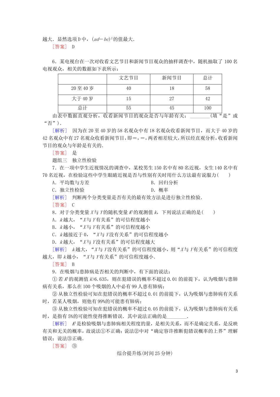 高中数学 第三章 统计案例 课时跟踪训练18 独立性检验的基本思想及其初步应用 新人教A版选修2-3-新人教A版高二选修2-3数学试题_第3页