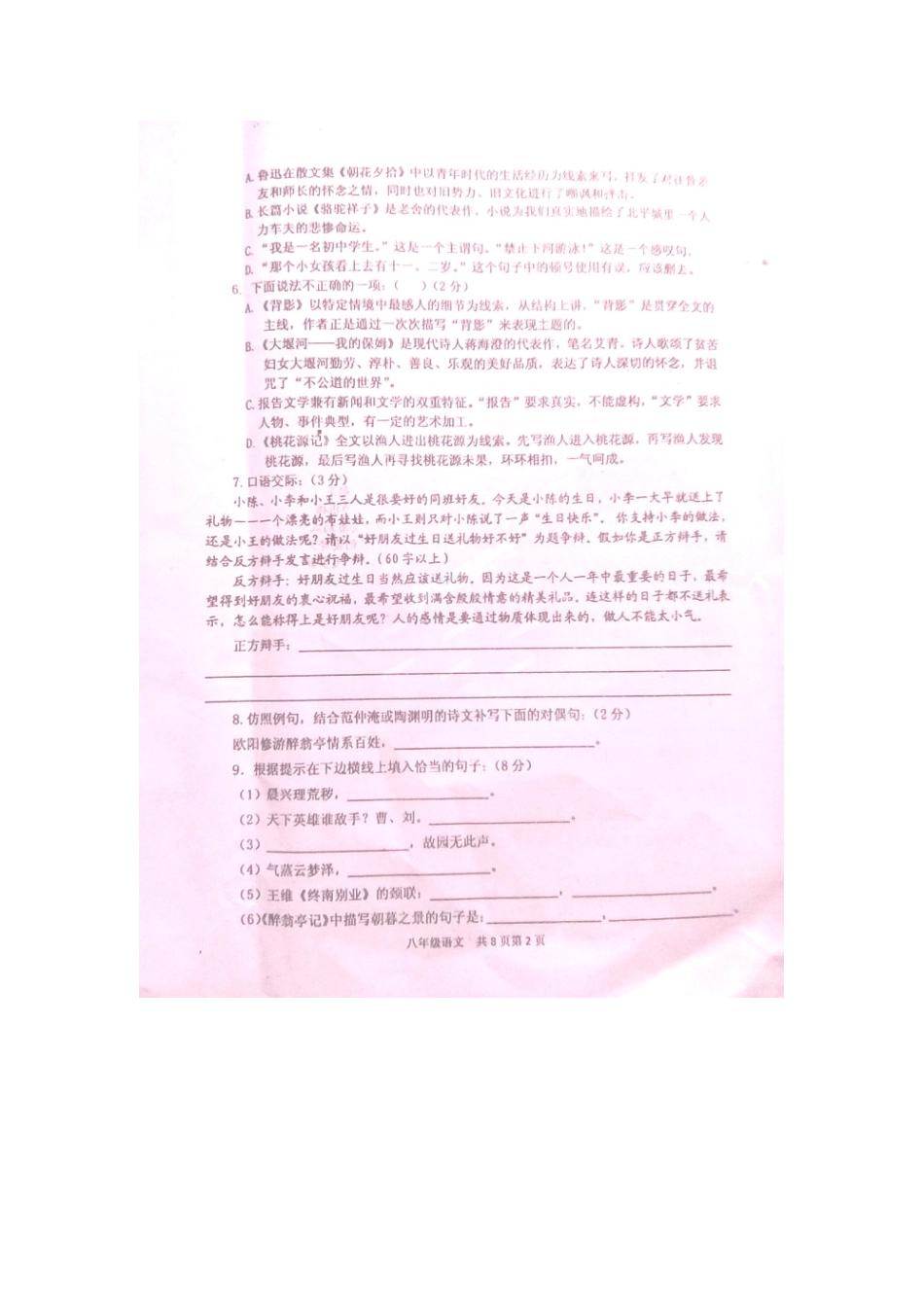 四川省简阳市 八年级语文下学期期末考试试卷 新人教版试卷_第2页