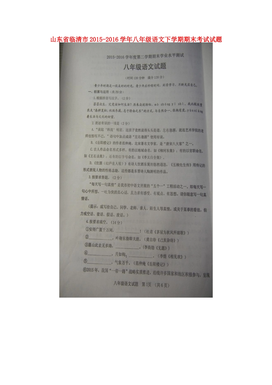 山东省临清市 八年级语文下学期期末考试试卷新人教版_第1页