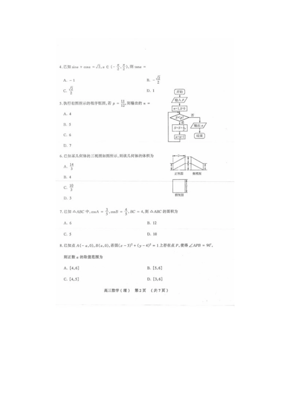 山西省太原市高三数学模拟试卷(二)试卷 理试卷_第2页