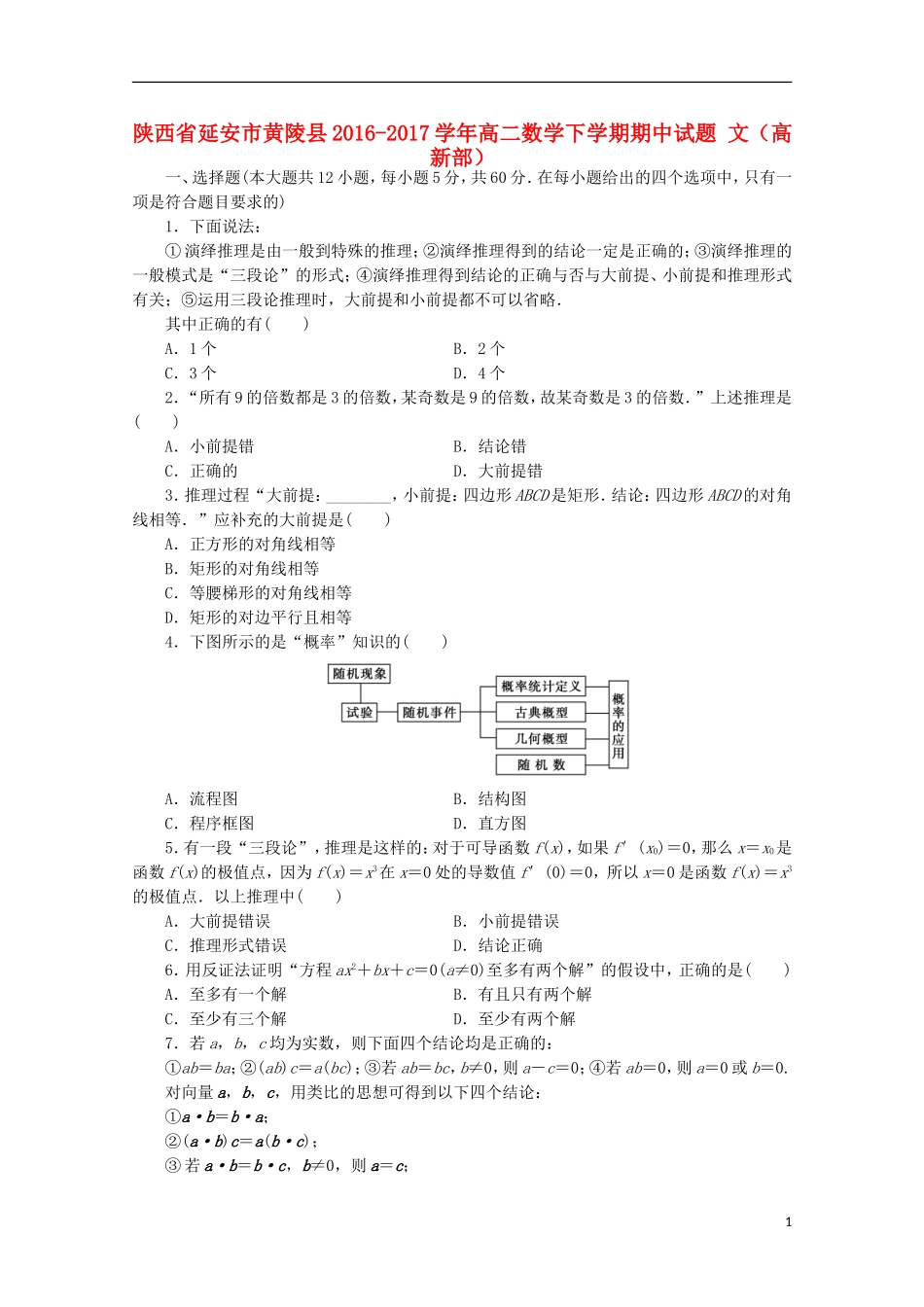陕西省延安市黄陵县高二数学下学期期中试题 文（高新部）-人教版高二全册数学试题_第1页