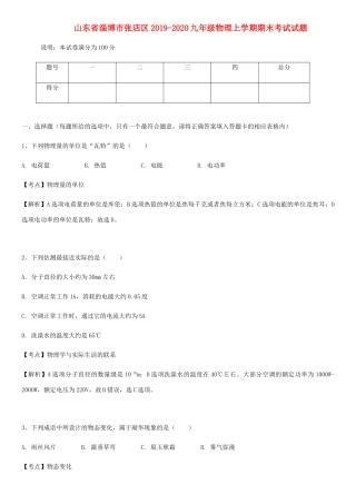 山东省淄博市张店区 九年级物理上学期期末考试试卷试卷