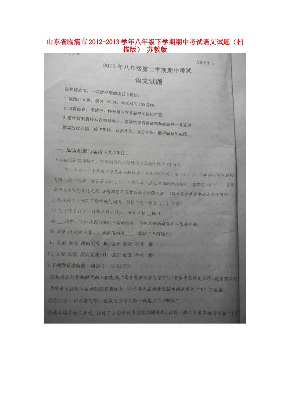 山东省临清市八年级语文下学期期中试卷苏教版试卷_第1页