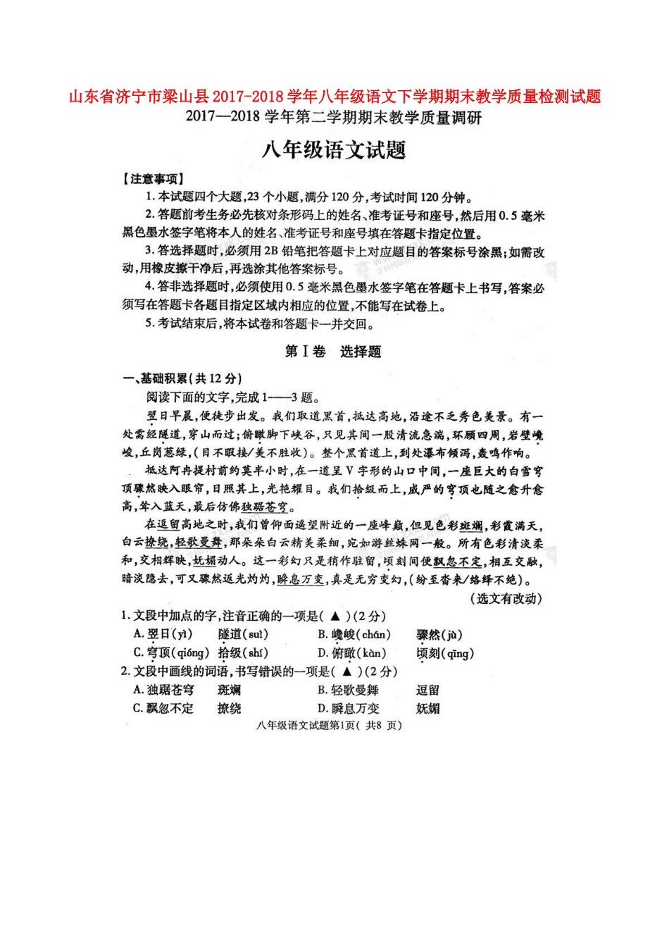山东省济宁市梁山县 八年级语文下学期期末教学质量检测试卷(扫描版，无答案) 新人教版试卷_第1页