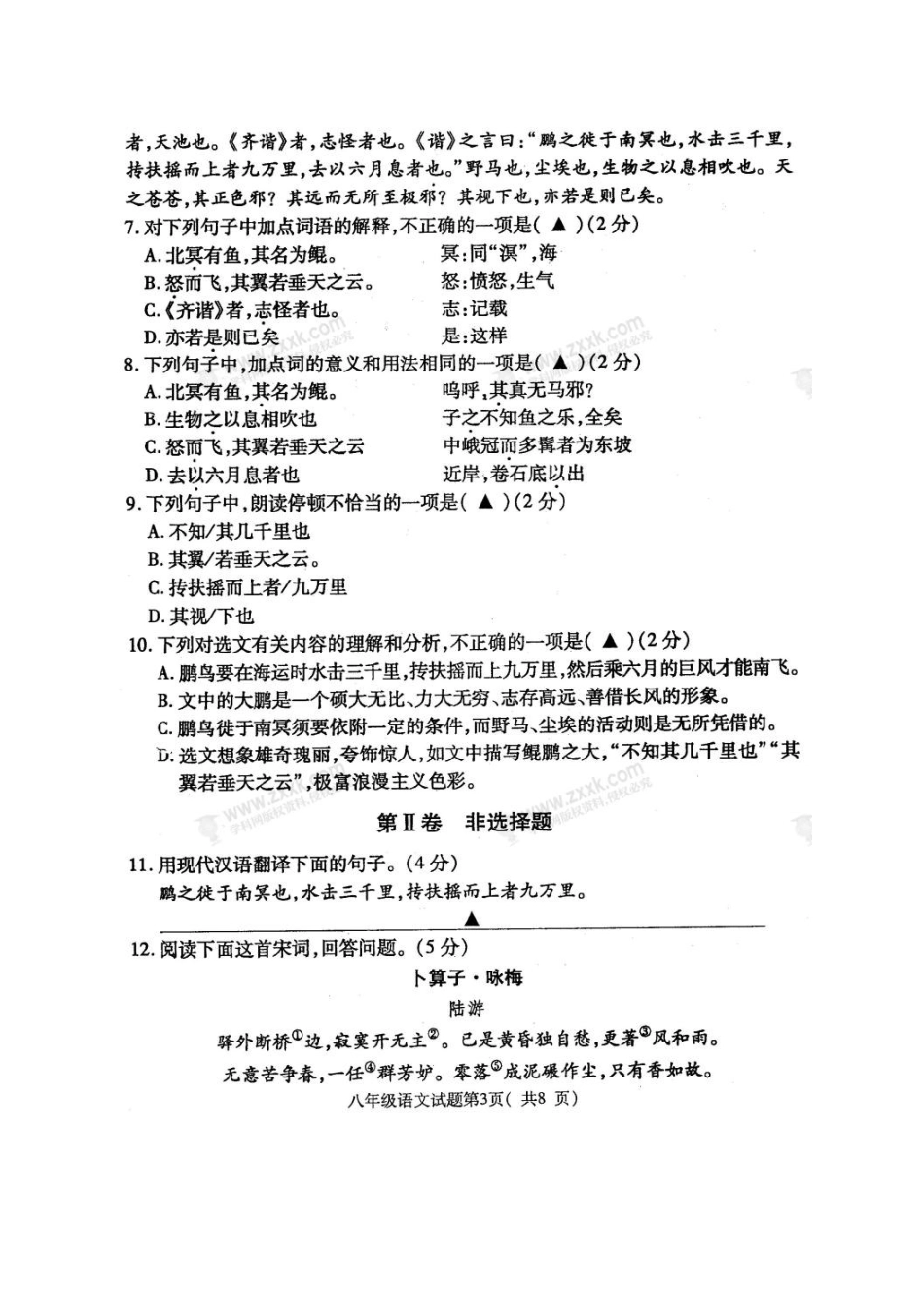 山东省济宁市梁山县 八年级语文下学期期末教学质量检测试卷(扫描版，无答案) 新人教版试卷_第3页