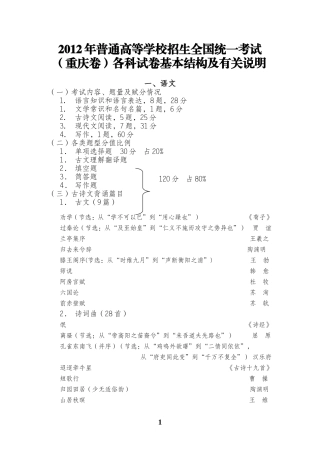 2012高考重庆卷各科试卷结构及说明