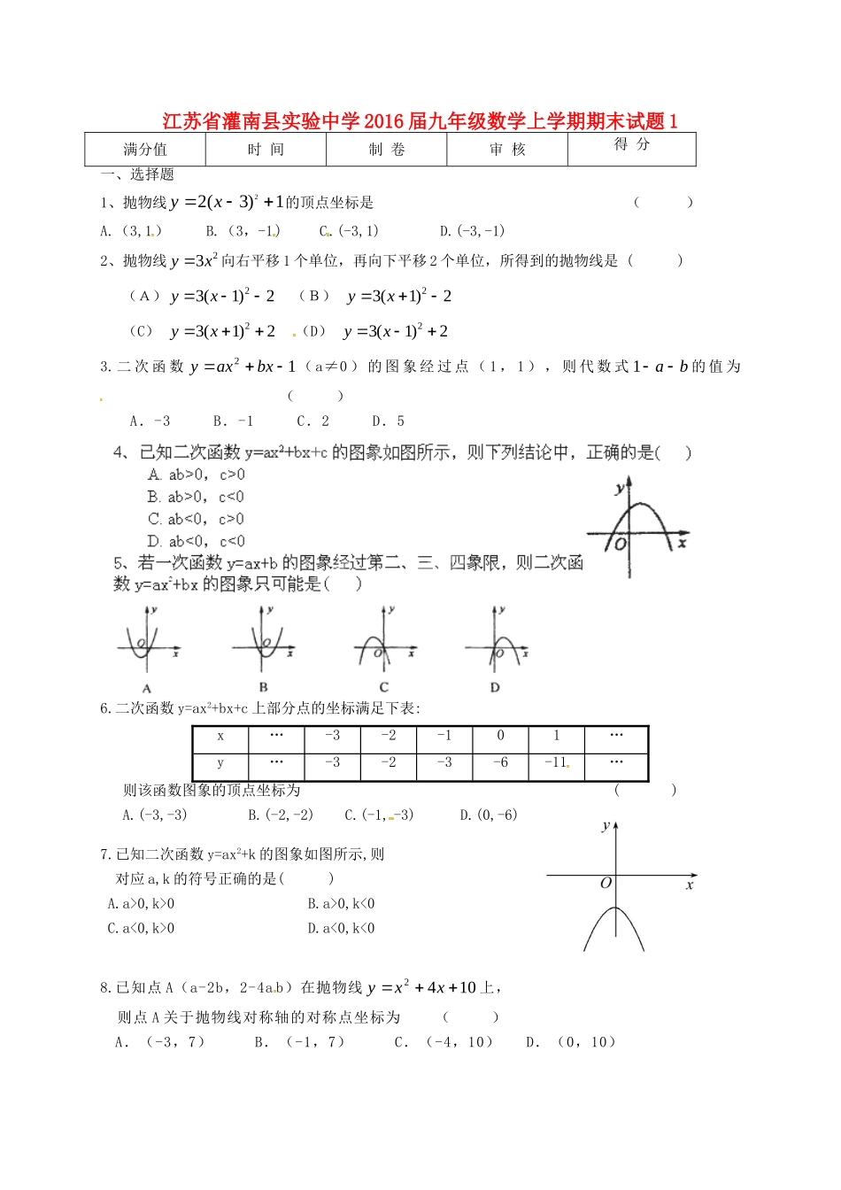 九年级数学上学期期末考试试卷1 苏科版试卷_第1页