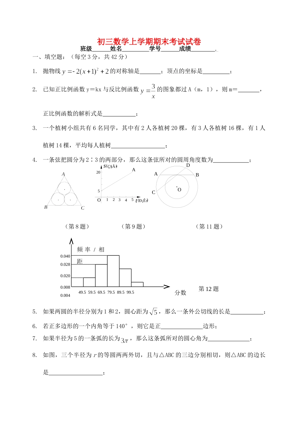 初三数学上学期期末考试试卷 人教版 试题_第1页
