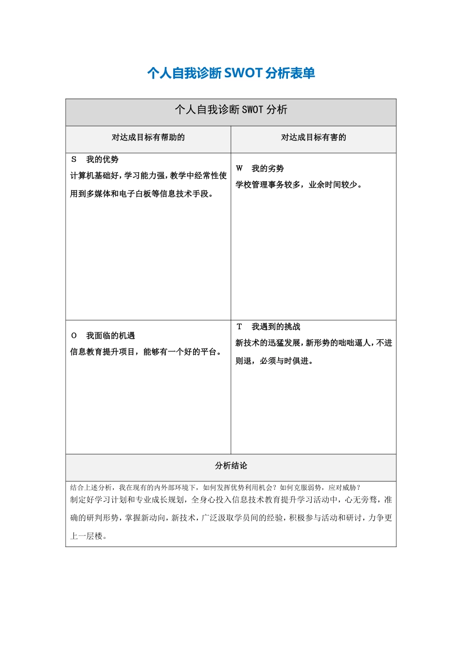 第一步骤所需文档：个人自我诊断SWOT分析表(杨禹)_第1页