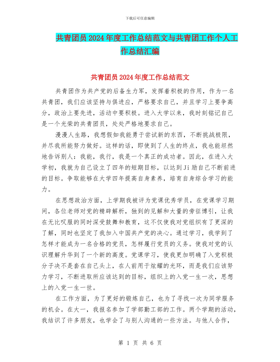 共青团员2024年度工作总结范文与共青团工作个人工作总结汇编_第1页