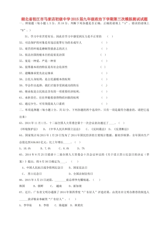 九年级政治下学期第三次模拟测试试卷
