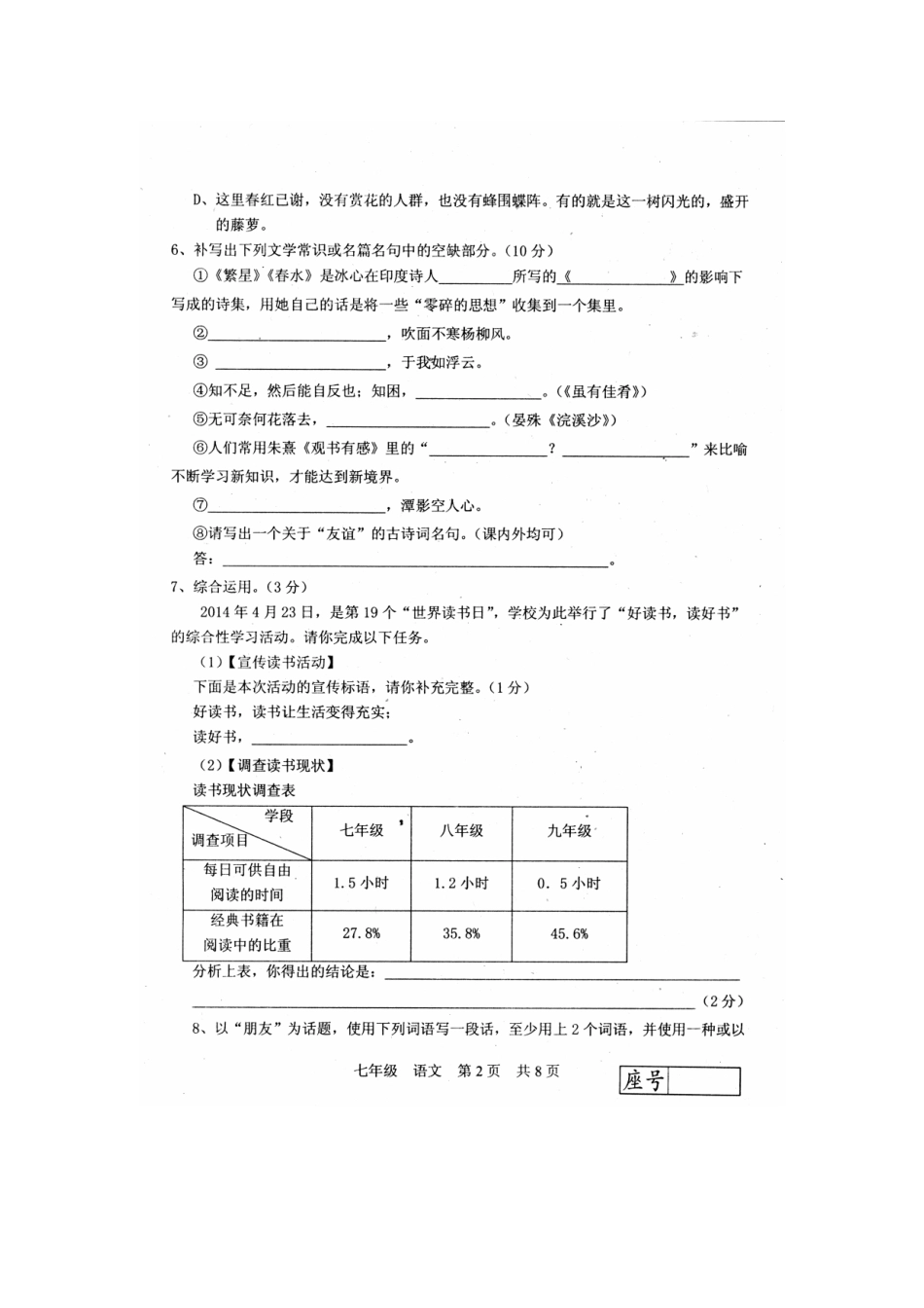 山东省莒南县七年级语文上学期竞赛试卷新人教版试卷_第2页