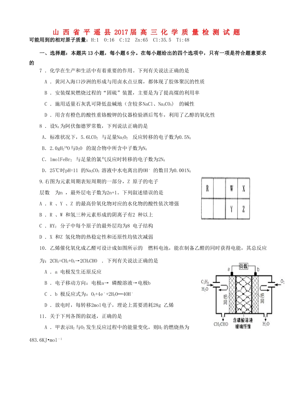 山西省平遥县高三化学质量检测试题-人教版高三全册化学试题_第1页