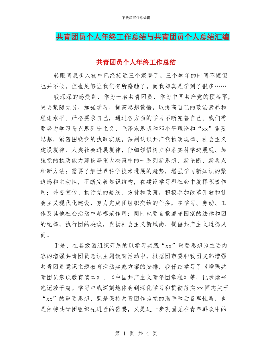 共青团员个人年终工作总结与共青团员个人总结汇编_第1页