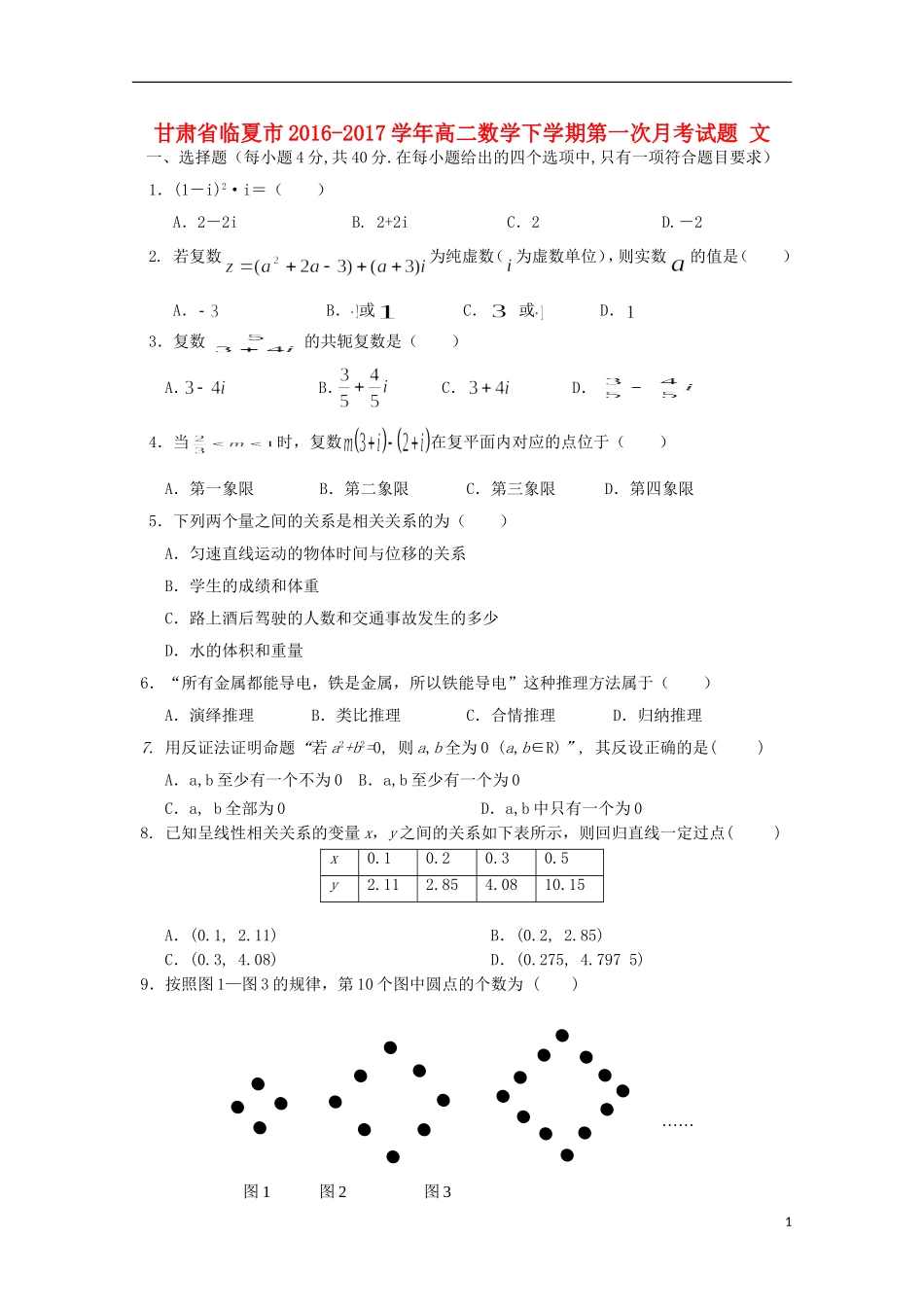 甘肃省临夏市高二数学下学期第一次月考试题 文-人教版高二全册数学试题_第1页