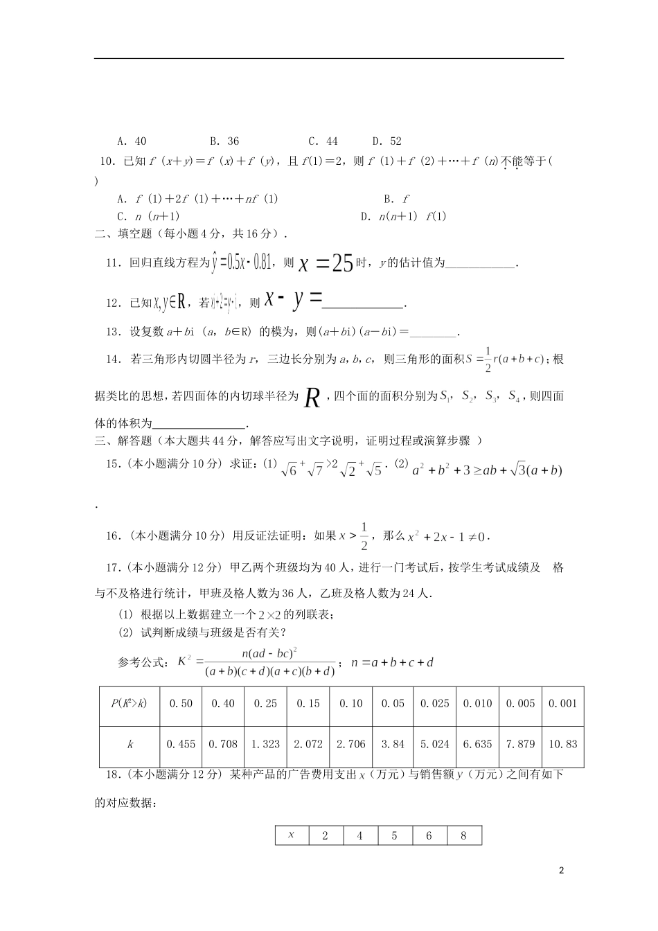 甘肃省临夏市高二数学下学期第一次月考试题 文-人教版高二全册数学试题_第2页