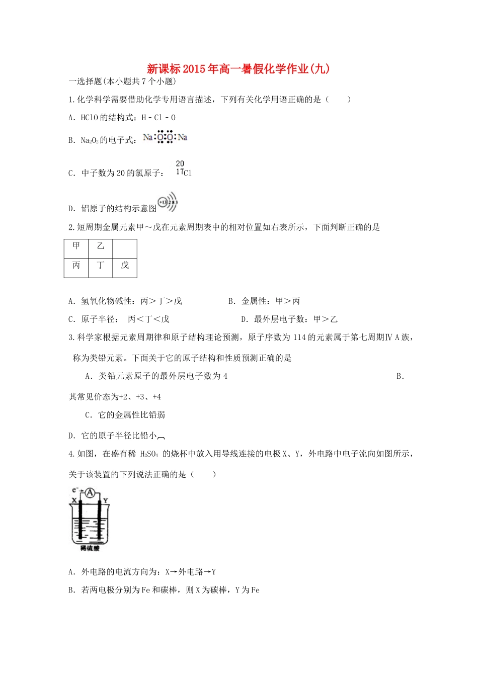 （新课标）高一化学暑假作业（九）-人教版高一全册化学试题_第1页