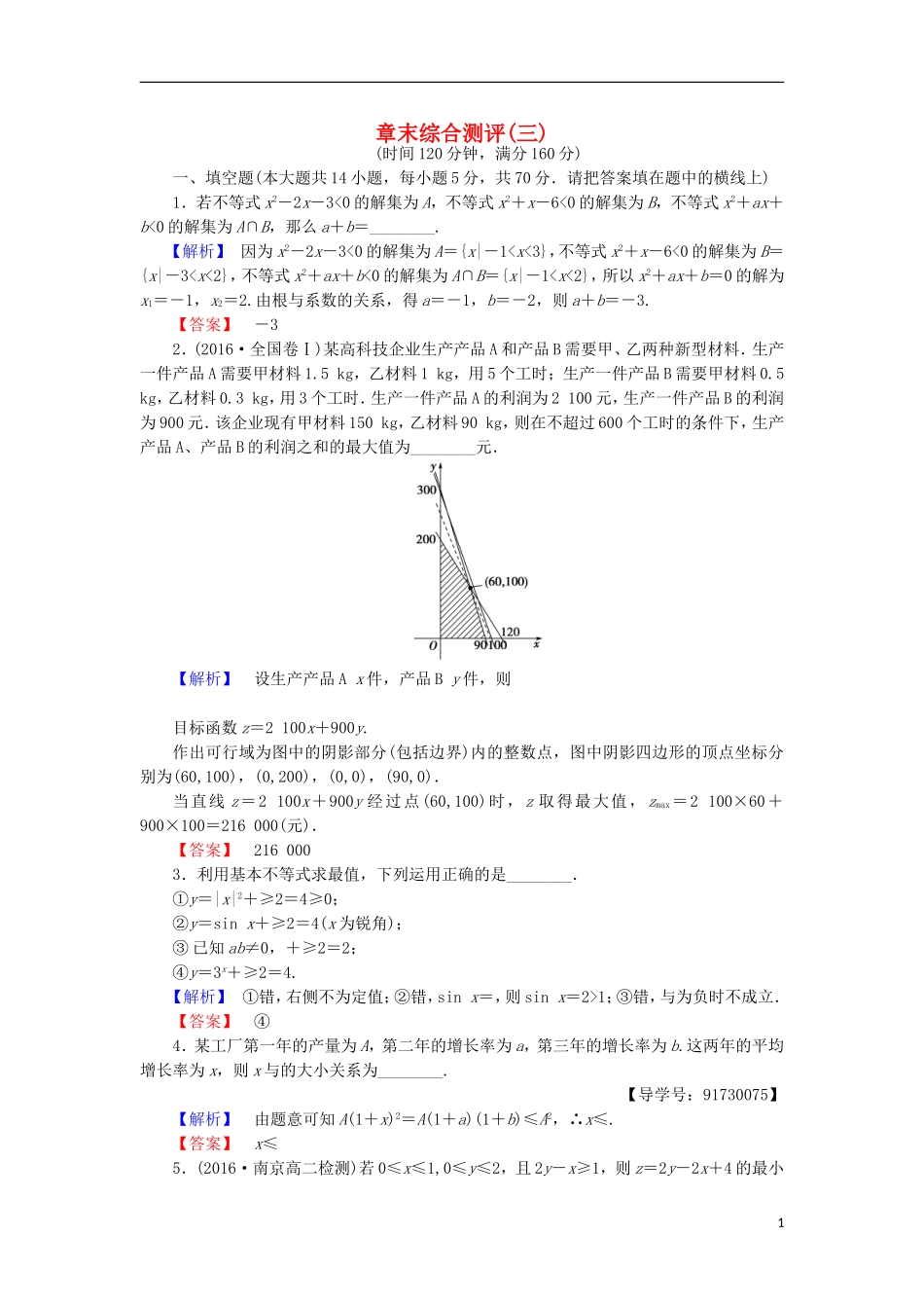 高中数学 第三章 不等式章末综合检测 苏教版必修5-苏教版高二必修5数学试题_第1页